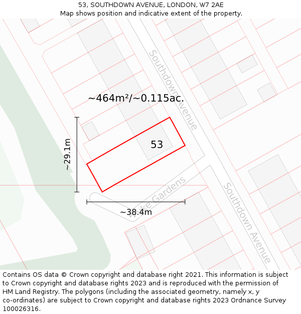 53, SOUTHDOWN AVENUE, LONDON, W7 2AE: Plot and title map