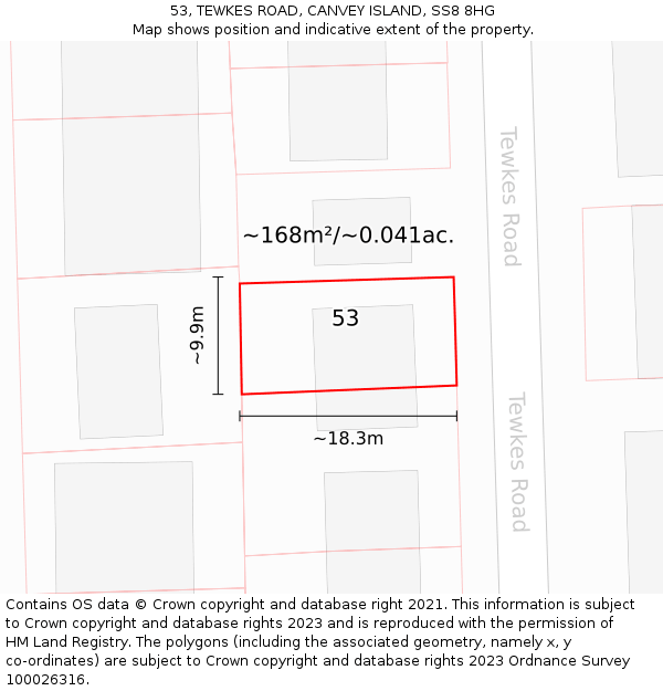 53, TEWKES ROAD, CANVEY ISLAND, SS8 8HG: Plot and title map