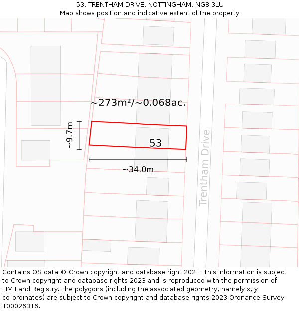 53, TRENTHAM DRIVE, NOTTINGHAM, NG8 3LU: Plot and title map