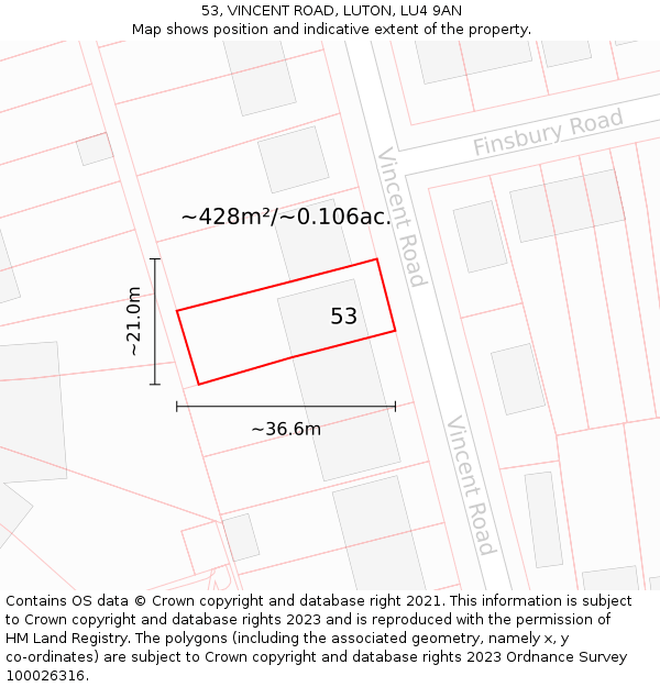 53, VINCENT ROAD, LUTON, LU4 9AN: Plot and title map