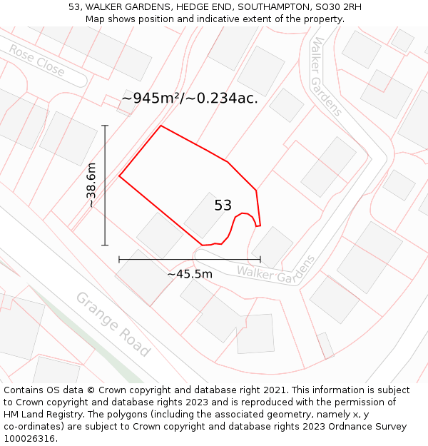 53, WALKER GARDENS, HEDGE END, SOUTHAMPTON, SO30 2RH: Plot and title map