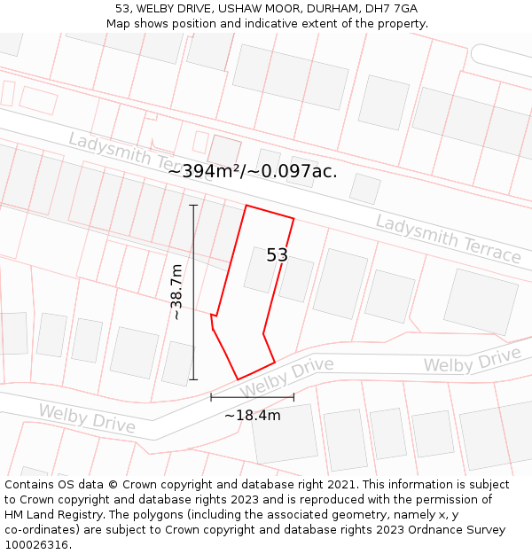 53, WELBY DRIVE, USHAW MOOR, DURHAM, DH7 7GA: Plot and title map