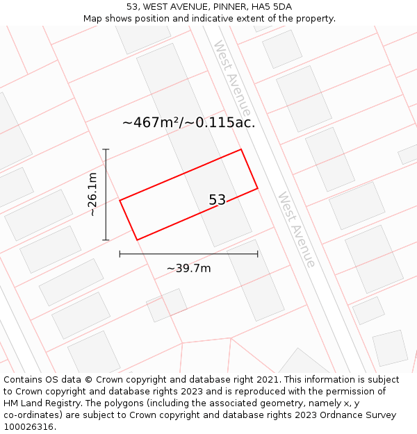 53, WEST AVENUE, PINNER, HA5 5DA: Plot and title map