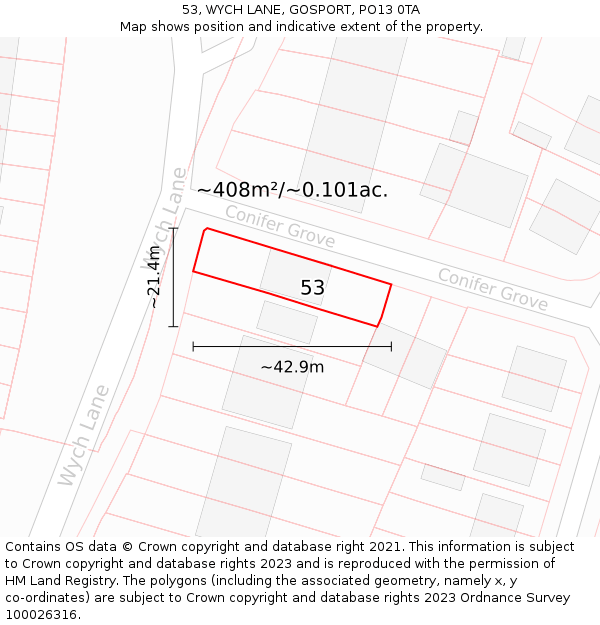 53, WYCH LANE, GOSPORT, PO13 0TA: Plot and title map