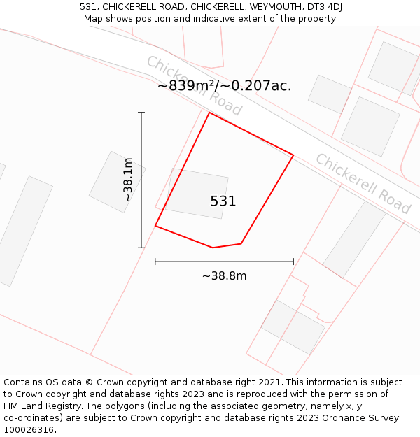 531, CHICKERELL ROAD, CHICKERELL, WEYMOUTH, DT3 4DJ: Plot and title map