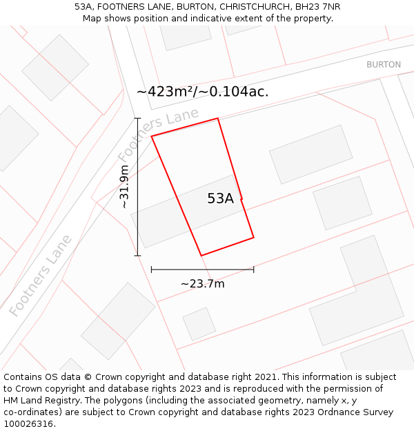 53A, FOOTNERS LANE, BURTON, CHRISTCHURCH, BH23 7NR: Plot and title map