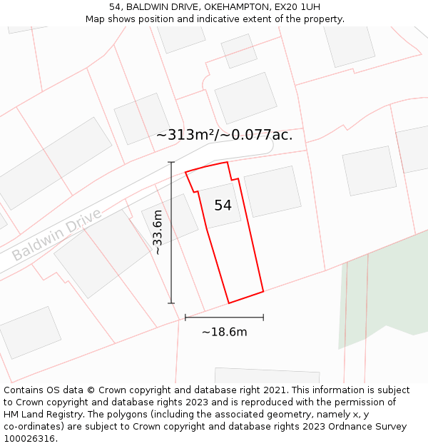 54, BALDWIN DRIVE, OKEHAMPTON, EX20 1UH: Plot and title map