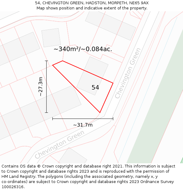 54, CHEVINGTON GREEN, HADSTON, MORPETH, NE65 9AX: Plot and title map