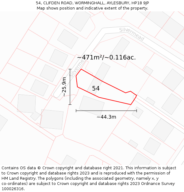 54, CLIFDEN ROAD, WORMINGHALL, AYLESBURY, HP18 9JP: Plot and title map