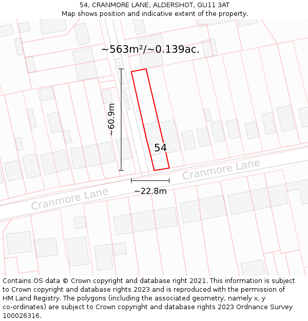 54, CRANMORE LANE, ALDERSHOT, GU11 3AT: Plot and title map