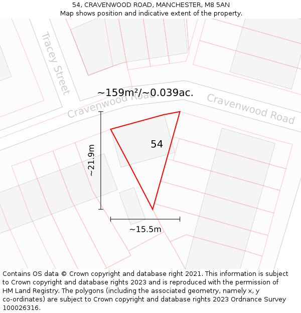 54, CRAVENWOOD ROAD, MANCHESTER, M8 5AN: Plot and title map