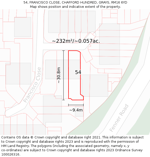 54, FRANCISCO CLOSE, CHAFFORD HUNDRED, GRAYS, RM16 6YD: Plot and title map