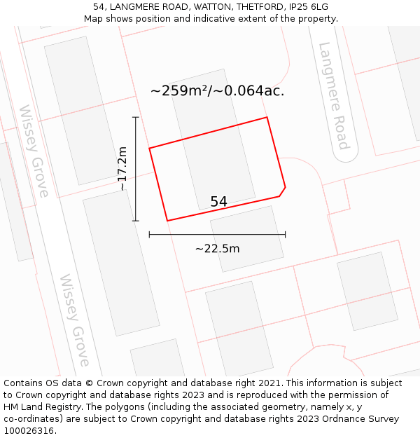 54, LANGMERE ROAD, WATTON, THETFORD, IP25 6LG: Plot and title map