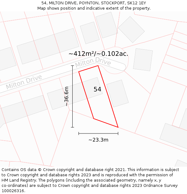 54, MILTON DRIVE, POYNTON, STOCKPORT, SK12 1EY: Plot and title map