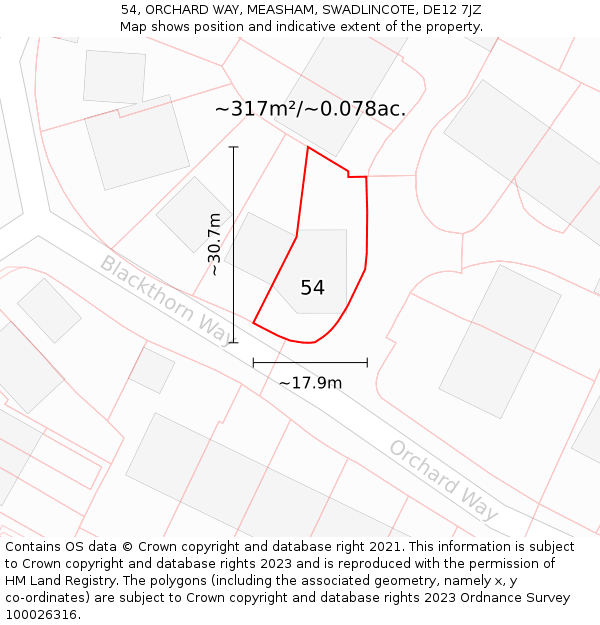 54, ORCHARD WAY, MEASHAM, SWADLINCOTE, DE12 7JZ: Plot and title map