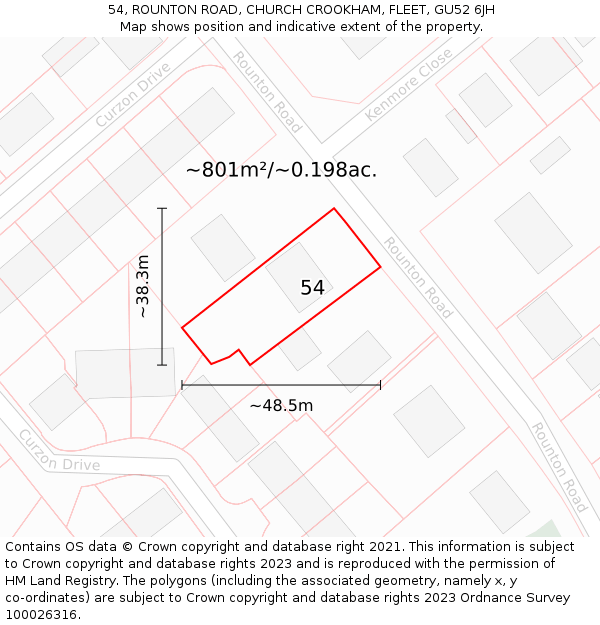 54, ROUNTON ROAD, CHURCH CROOKHAM, FLEET, GU52 6JH: Plot and title map