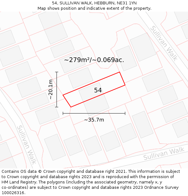 54, SULLIVAN WALK, HEBBURN, NE31 1YN: Plot and title map