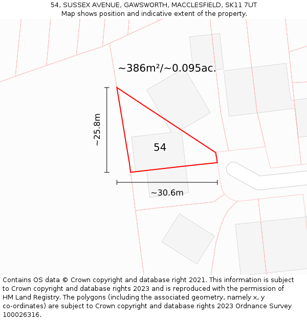 54, SUSSEX AVENUE, GAWSWORTH, MACCLESFIELD, SK11 7UT: Plot and title map