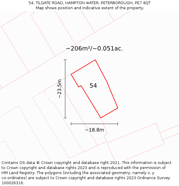 54, TILGATE ROAD, HAMPTON WATER, PETERBOROUGH, PE7 8QT: Plot and title map