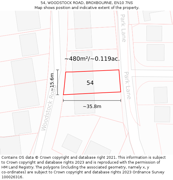 54, WOODSTOCK ROAD, BROXBOURNE, EN10 7NS: Plot and title map