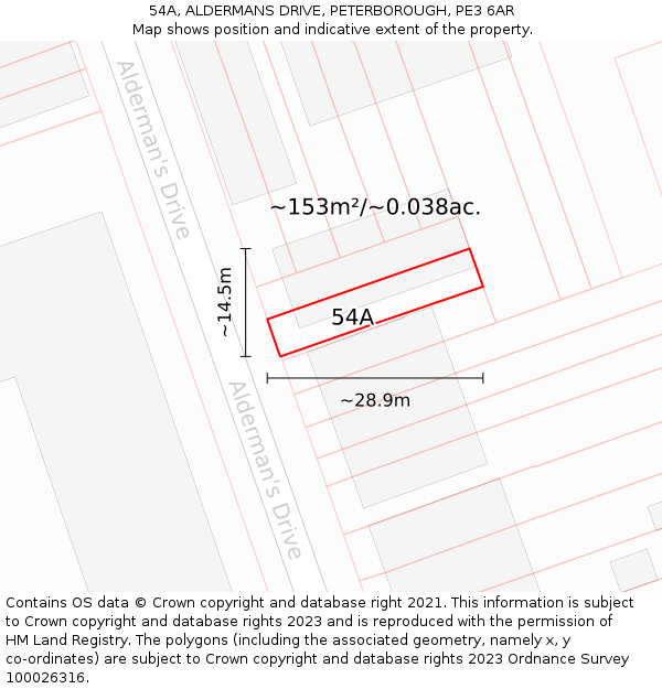 54A, ALDERMANS DRIVE, PETERBOROUGH, PE3 6AR: Plot and title map