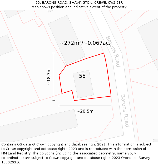 55, BARONS ROAD, SHAVINGTON, CREWE, CW2 5ER: Plot and title map