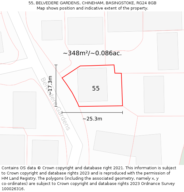 55, BELVEDERE GARDENS, CHINEHAM, BASINGSTOKE, RG24 8GB: Plot and title map