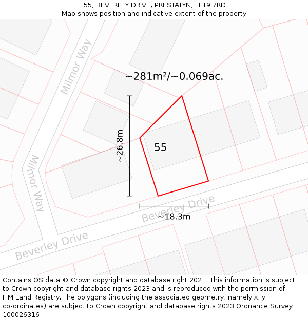 55, BEVERLEY DRIVE, PRESTATYN, LL19 7RD: Plot and title map