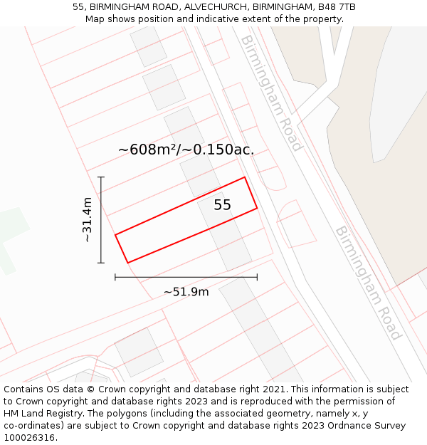 55, BIRMINGHAM ROAD, ALVECHURCH, BIRMINGHAM, B48 7TB: Plot and title map