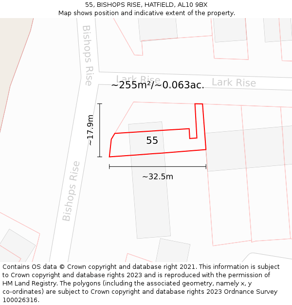 55, BISHOPS RISE, HATFIELD, AL10 9BX: Plot and title map