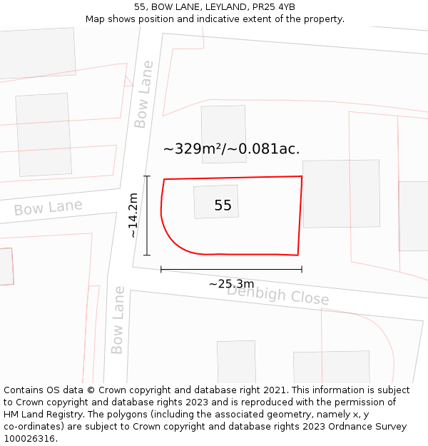 55, BOW LANE, LEYLAND, PR25 4YB: Plot and title map