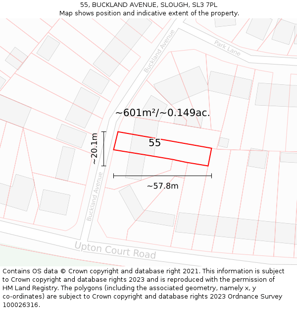 55, BUCKLAND AVENUE, SLOUGH, SL3 7PL: Plot and title map