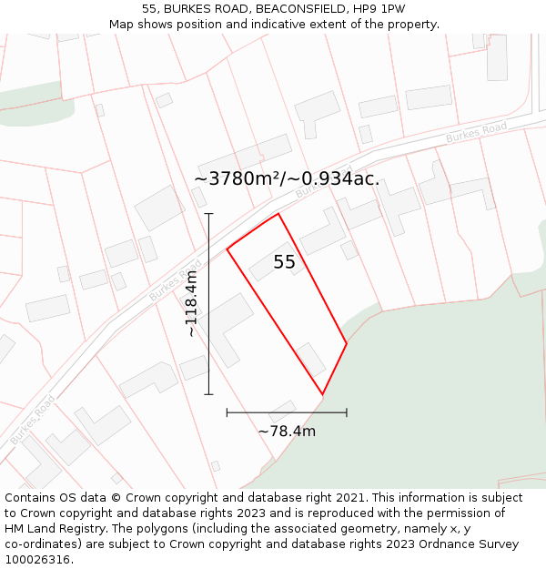 55, BURKES ROAD, BEACONSFIELD, HP9 1PW: Plot and title map