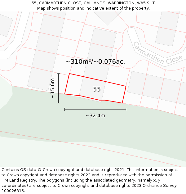 55, CARMARTHEN CLOSE, CALLANDS, WARRINGTON, WA5 9UT: Plot and title map