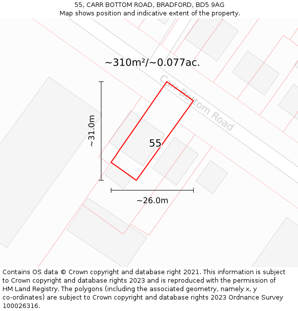 55, CARR BOTTOM ROAD, BRADFORD, BD5 9AG: Plot and title map