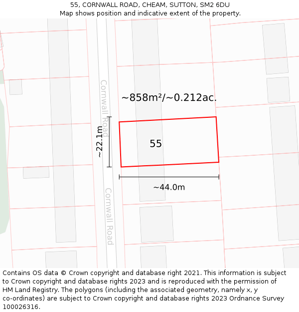 55, CORNWALL ROAD, CHEAM, SUTTON, SM2 6DU: Plot and title map