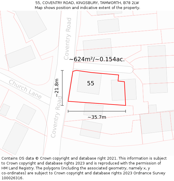 55, COVENTRY ROAD, KINGSBURY, TAMWORTH, B78 2LW: Plot and title map