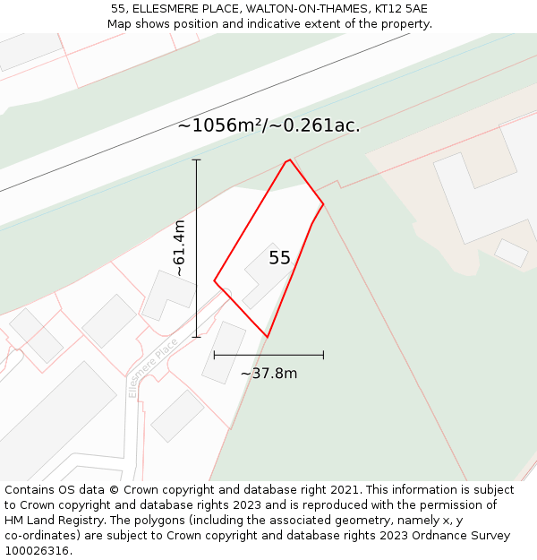 55, ELLESMERE PLACE, WALTON-ON-THAMES, KT12 5AE: Plot and title map