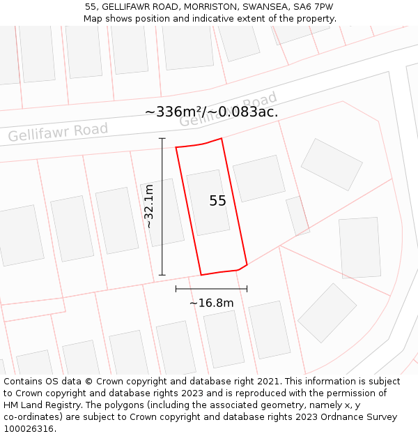 55, GELLIFAWR ROAD, MORRISTON, SWANSEA, SA6 7PW: Plot and title map