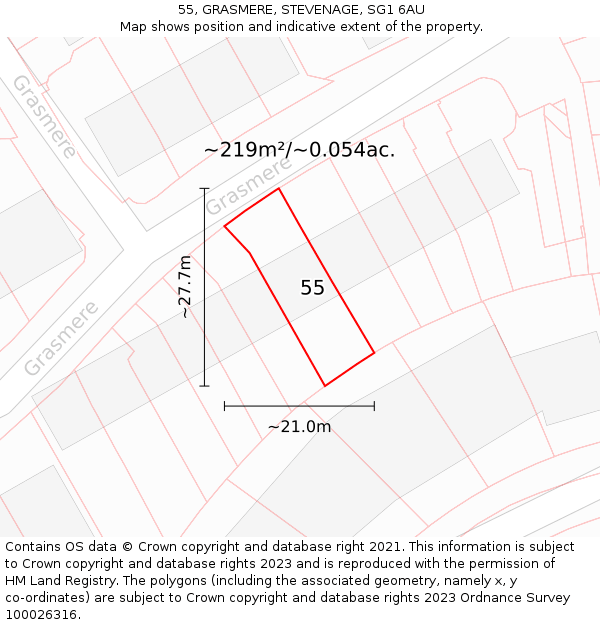 55, GRASMERE, STEVENAGE, SG1 6AU: Plot and title map