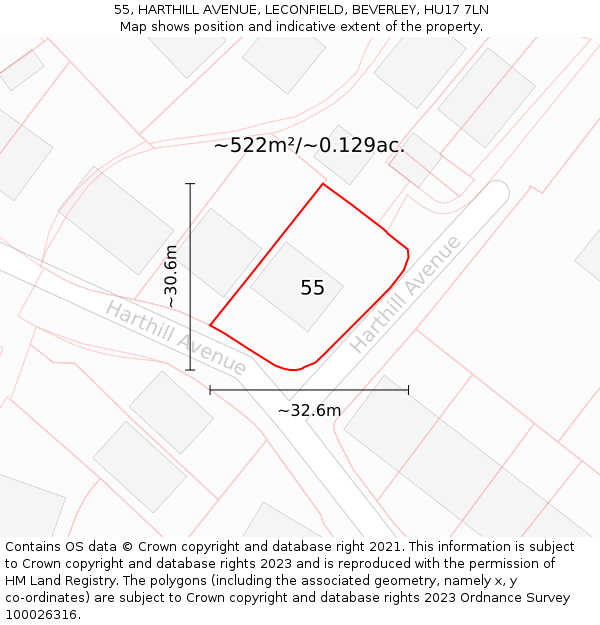 55, HARTHILL AVENUE, LECONFIELD, BEVERLEY, HU17 7LN: Plot and title map