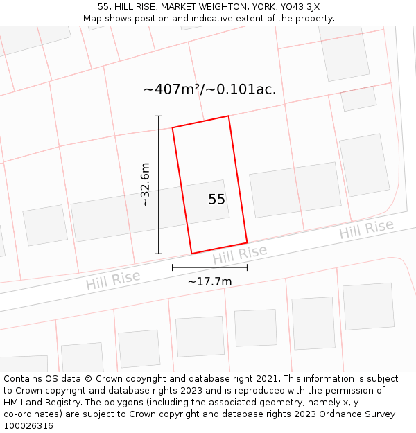 55, HILL RISE, MARKET WEIGHTON, YORK, YO43 3JX: Plot and title map