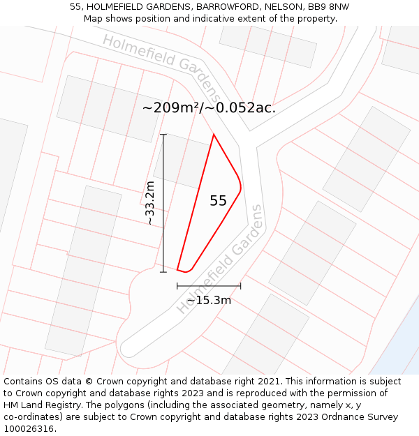 55, HOLMEFIELD GARDENS, BARROWFORD, NELSON, BB9 8NW: Plot and title map