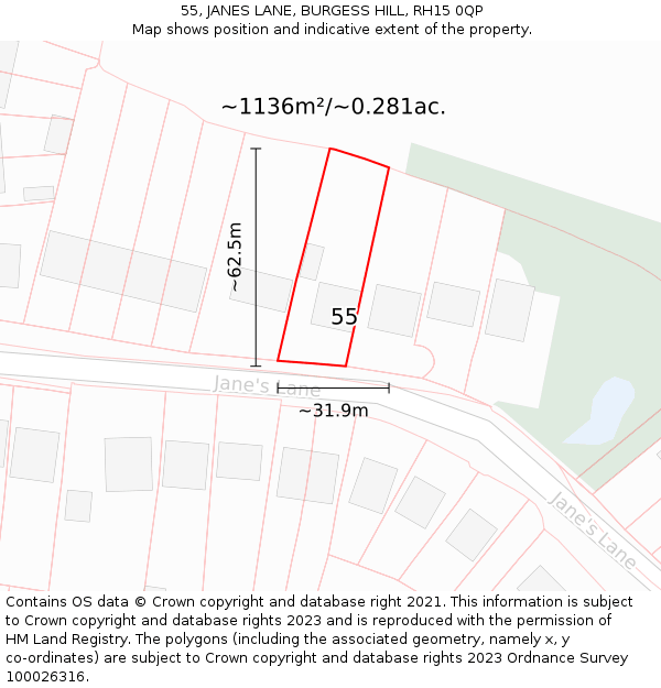 55, JANES LANE, BURGESS HILL, RH15 0QP: Plot and title map