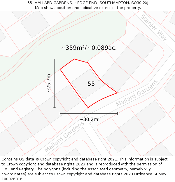 55, MALLARD GARDENS, HEDGE END, SOUTHAMPTON, SO30 2XJ: Plot and title map