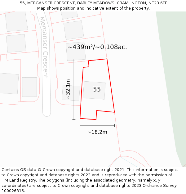 55, MERGANSER CRESCENT, BARLEY MEADOWS, CRAMLINGTON, NE23 6FF: Plot and title map