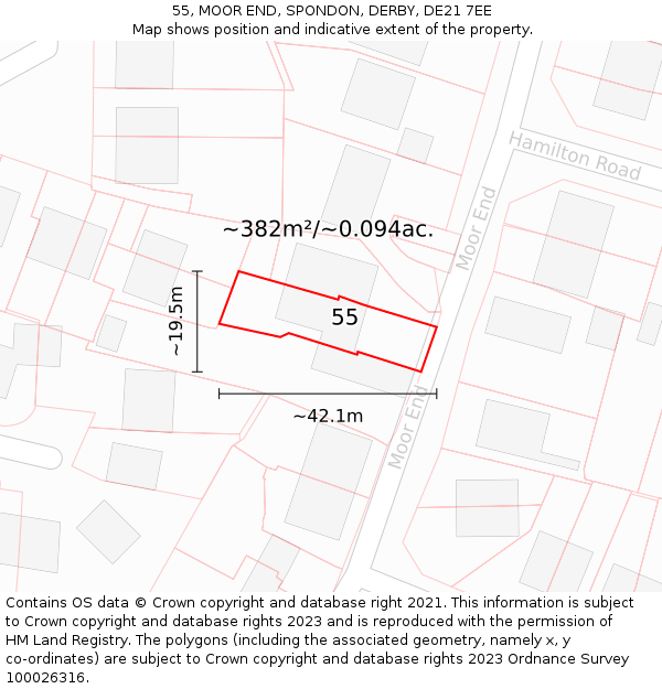 55, MOOR END, SPONDON, DERBY, DE21 7EE: Plot and title map