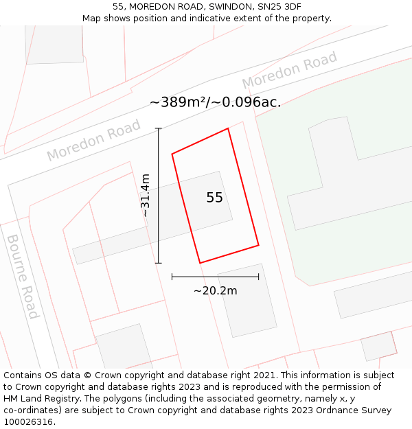 55, MOREDON ROAD, SWINDON, SN25 3DF: Plot and title map