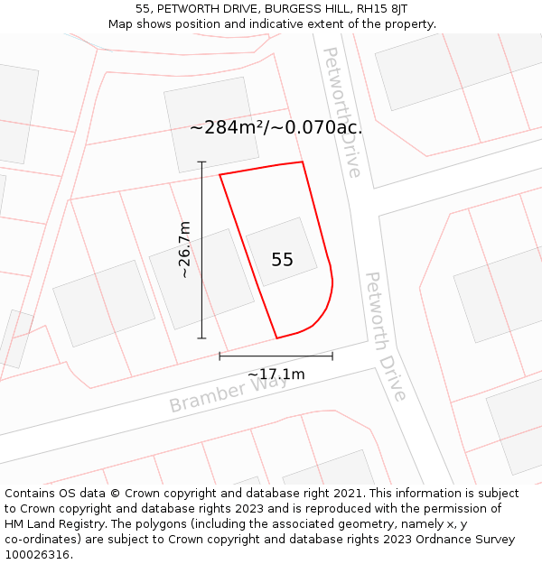 55, PETWORTH DRIVE, BURGESS HILL, RH15 8JT: Plot and title map