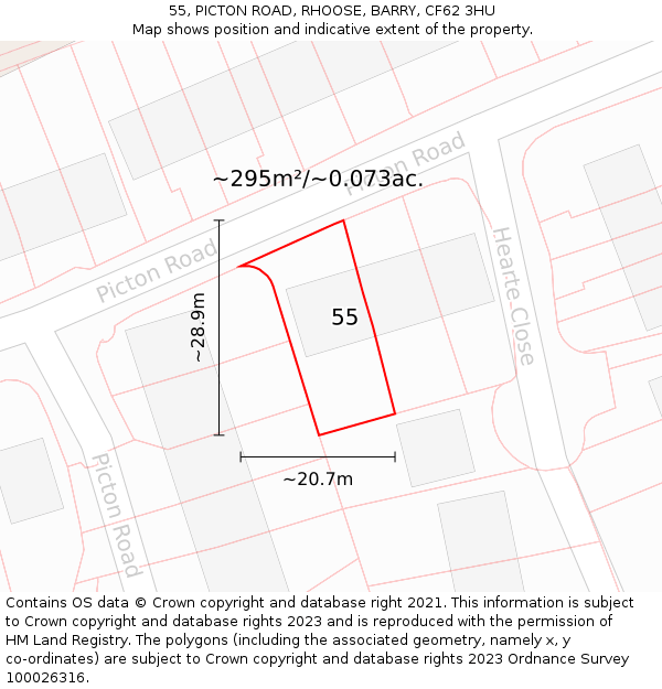 55, PICTON ROAD, RHOOSE, BARRY, CF62 3HU: Plot and title map